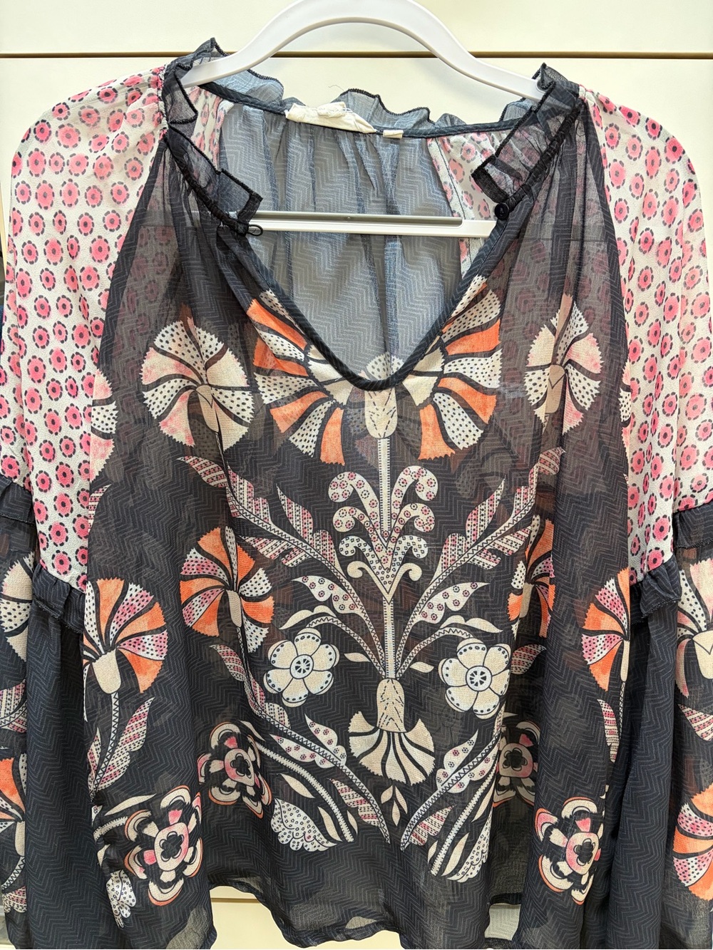 Free People Sheer Floral Boho Blouse in Black, Cream, Pink, Orange